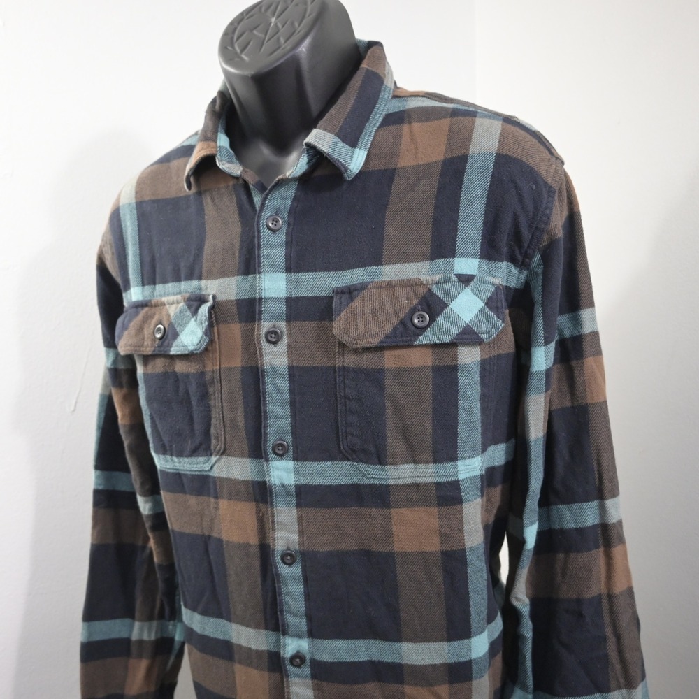 Patagonia Flannel Button Up Mens L Brown Teal Plaid Organic Cotton Long Sleeve